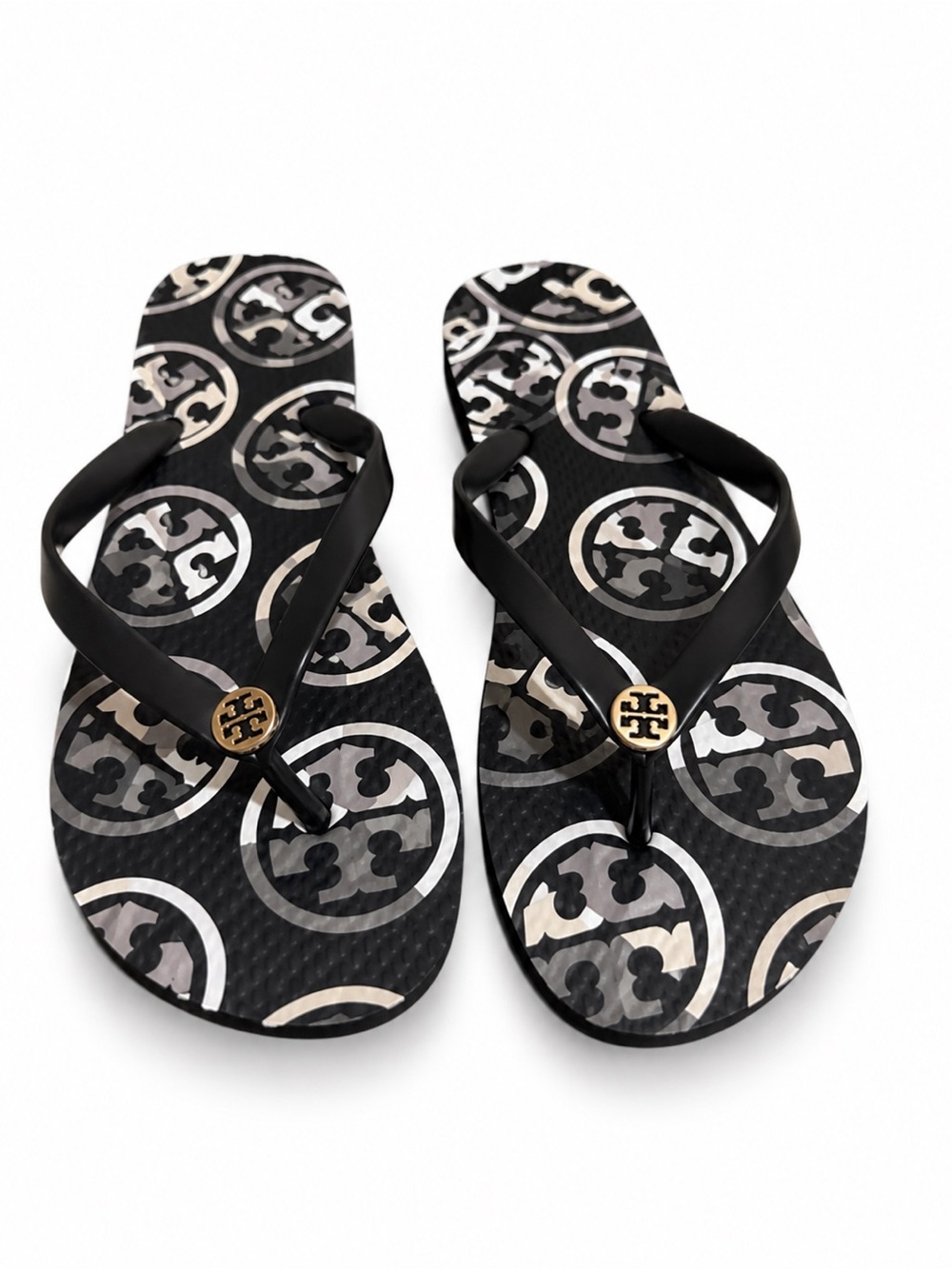 NWOT Tory Burch Black and Gold Logo Pattern Flip Flops